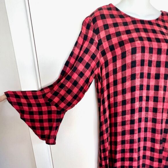 CLOTH & STONE ANTHROPOLOGIE BUFFALO PLAID SHIFT DRESS SIZE MEDIUM RUFFLED SLEEVE - Picture 7 of 11